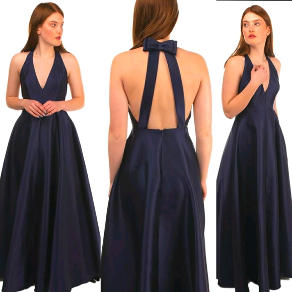 $795 NWT BADGLEY MISCHKA Womens Navy Blue Maxi Long Gown 2 XS Bow Wedding A-line - Picture 7 of 11